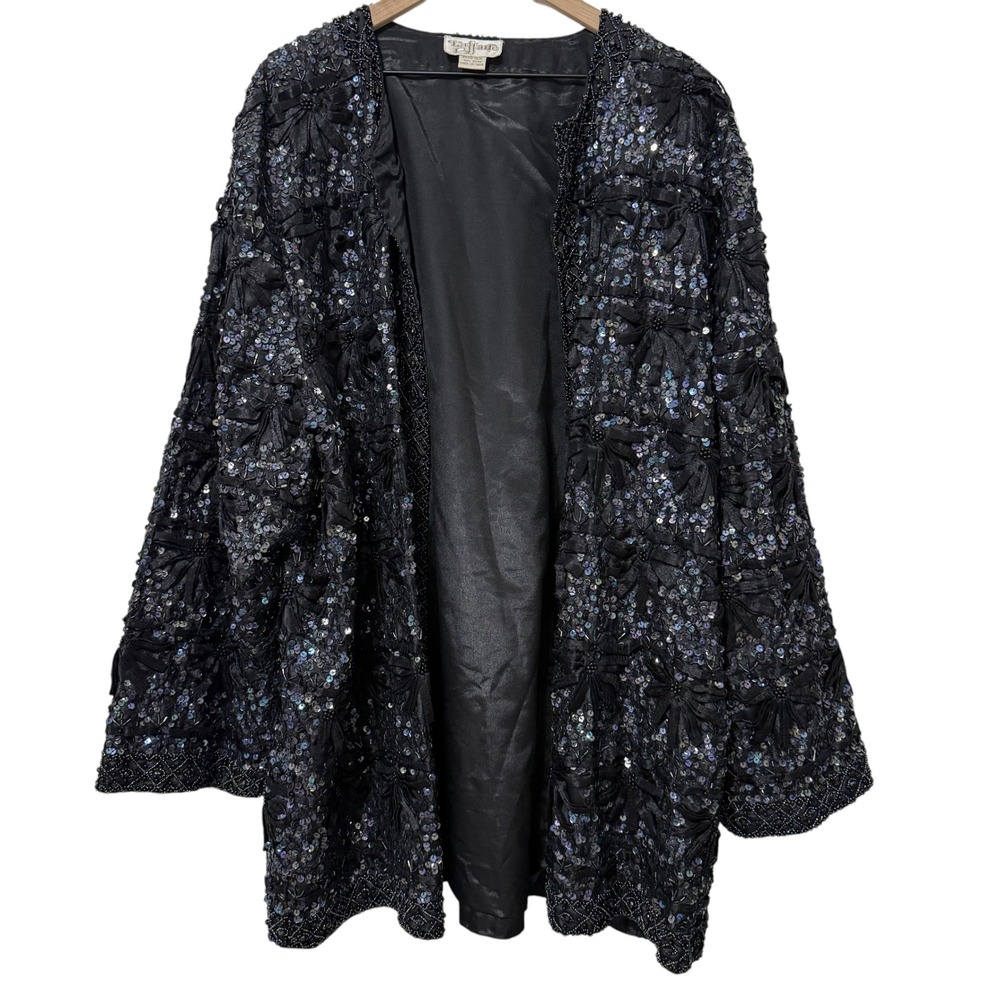 L'affaire Vintage Black Sequin Beaded Jacket Plus Size Evening Floral Ribbon 2X